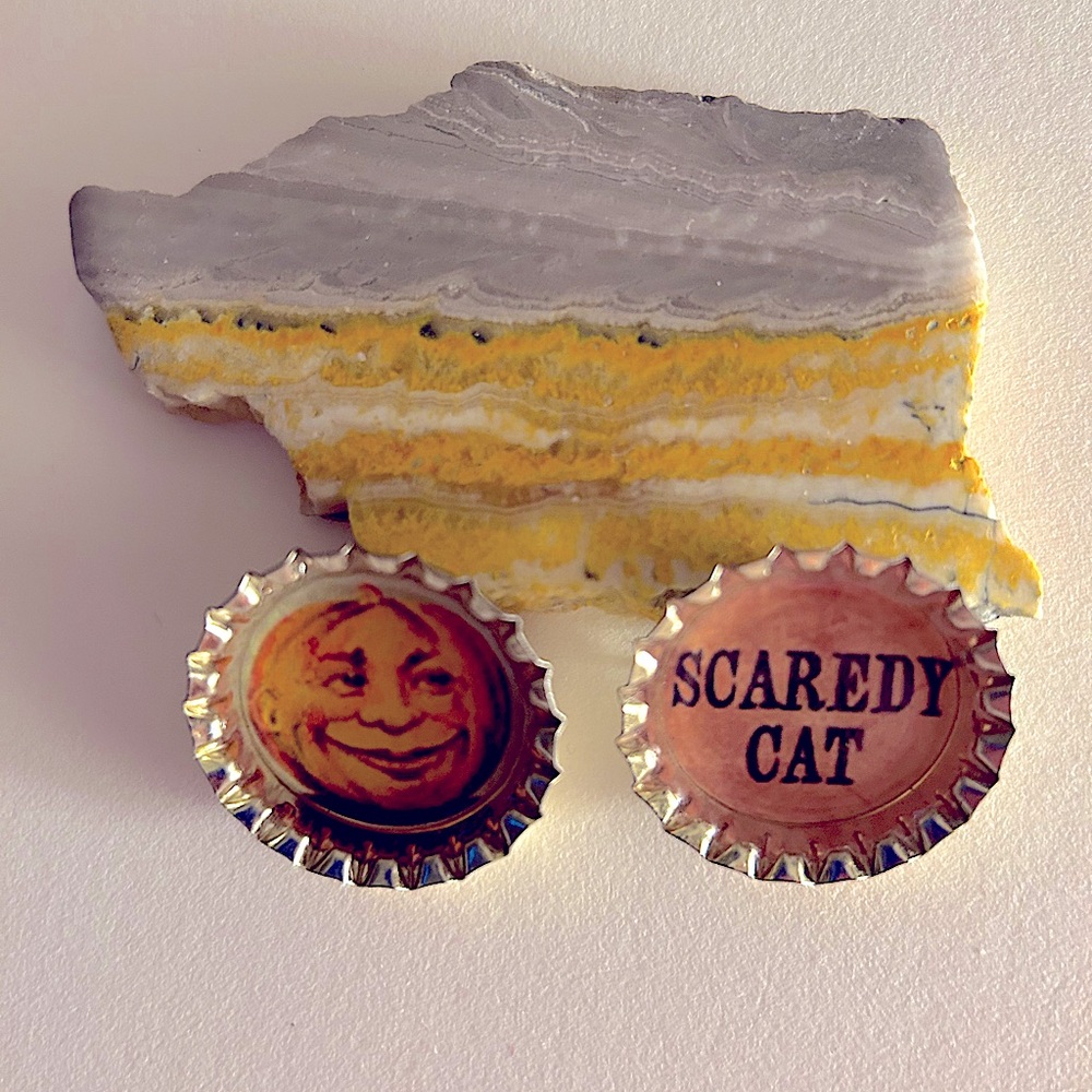 2 Bottle Cap pins: Halloween “Scaredy Cat”, Vintage Orange Jolly Pumpkin